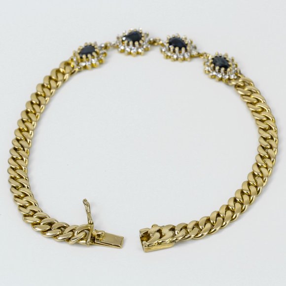 Vintage 10k Gold Pear Sapphire & Diamond Cuban Link Anniversary Bracelet - Picture 4 of 5